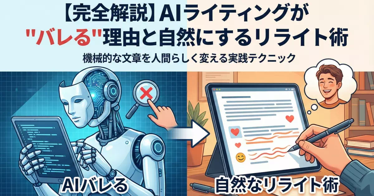 AIライティングが"バレる"理由と自然にするリライト術を徹底解説。不自然な文構造や感情の欠如など、AI文章の典型的なパターンから、人間らしい温かみのある文章に仕上げる5つの実践テクニックまで体系的に紹介します。