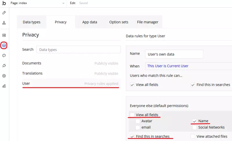 データベースのプライバシー設定を変更し、ユーザーネーム一覧をどこからでも取得できるようにします。